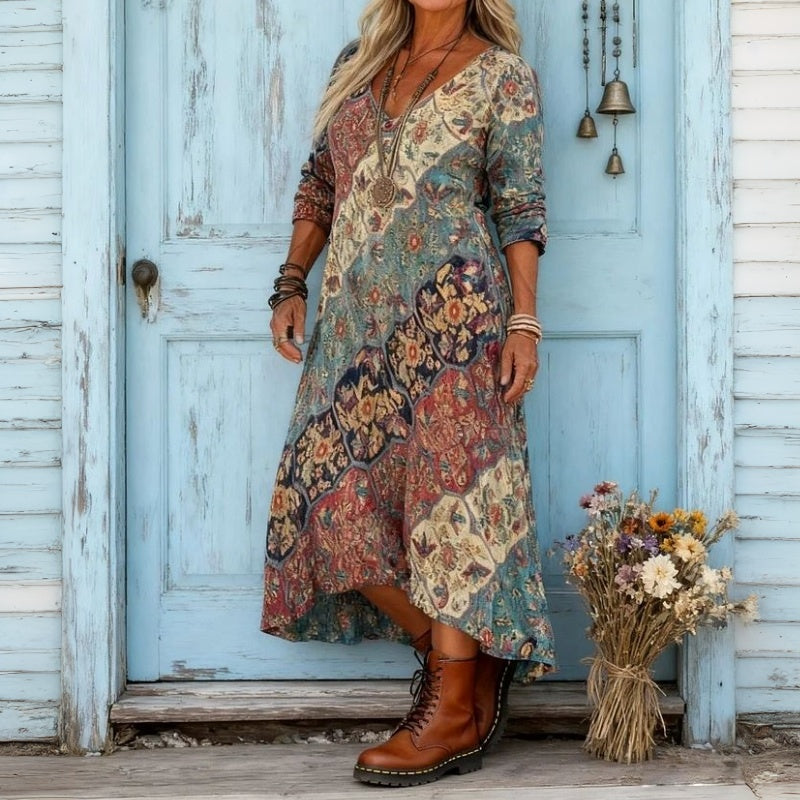 Robe Maxi Vintage à Fleurs Teal Et Rose - Avec Boutons, Poches Et Style Bohémien