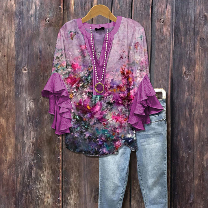 【Coton Et Lin】Blouse Décontractée À Imprimé Floral